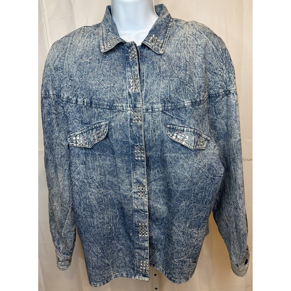 Vintage 80s Mari-Lyn Inc Womens XL Acid Wash Denim Rhinestone Shirt USA